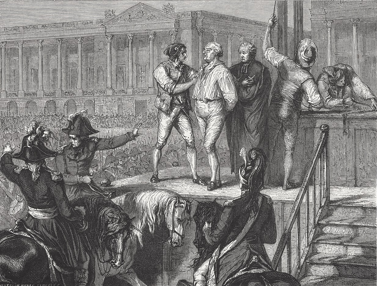 An image of a person being prepared to be executed by the guillotine.