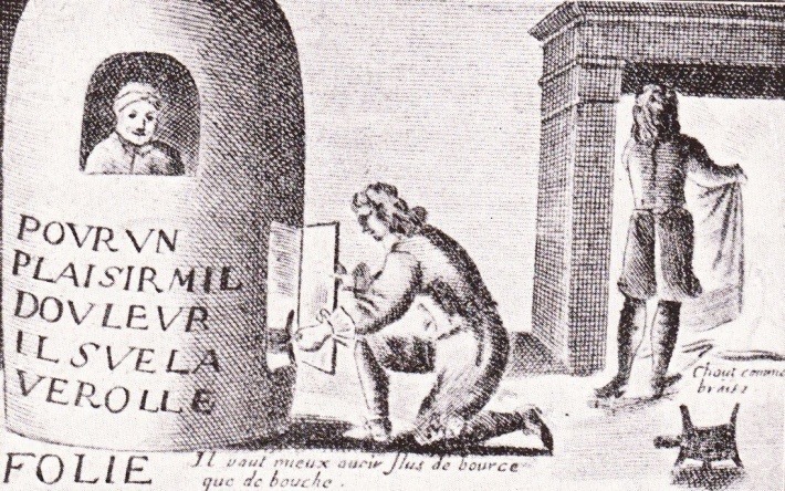A man in a “fumigation stove.” The writing on the stove reads, “for a pleasure, a thousand pains.” Premodern Europe. 