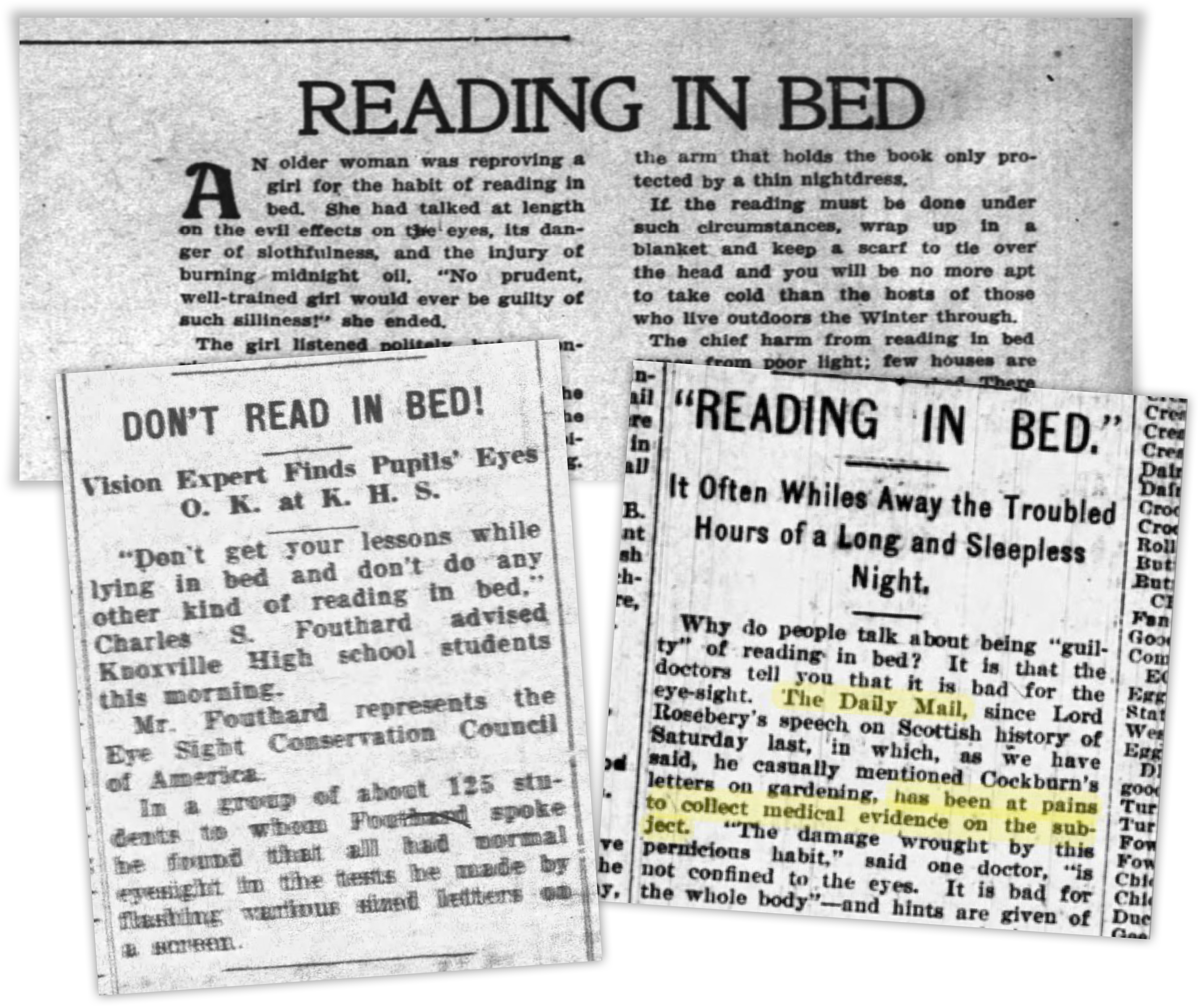Newspaper. Dangers of reading in bed.