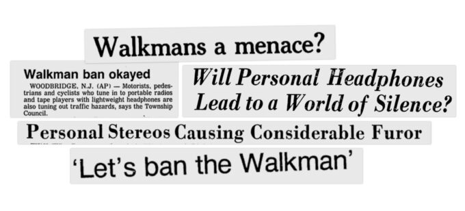 Different newspapers clippings highlighting possible menace of the Walkman. 