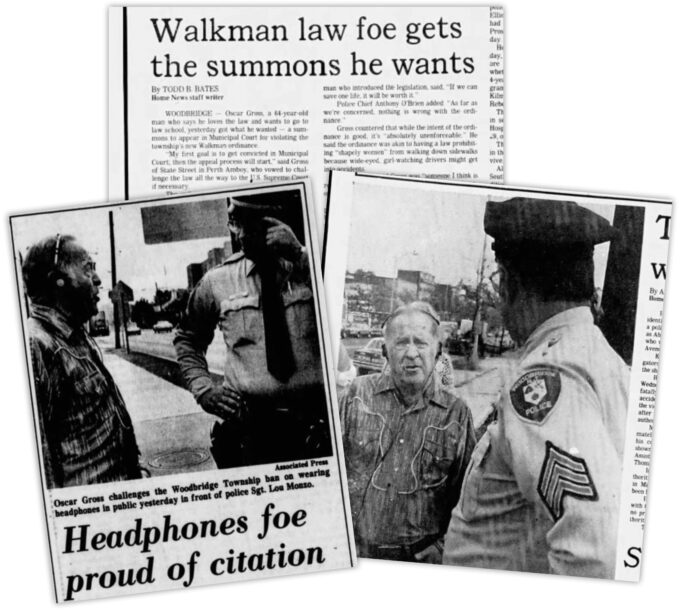 Article titled "Walkman law foe gets the summons he wants" and two picture with a man wearing headphones talking with a police officer.