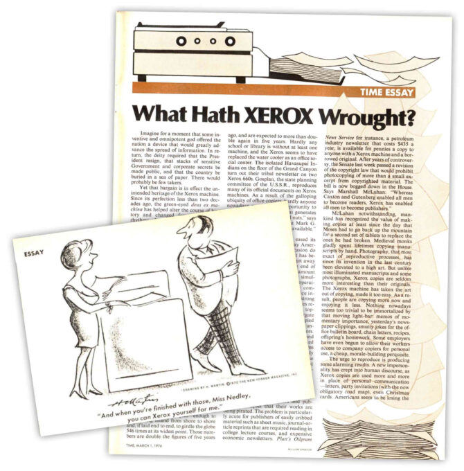 Article titled "What Hath XEROX Wrought?, and a drawing of lady photocopying a paper and talking to a man. 