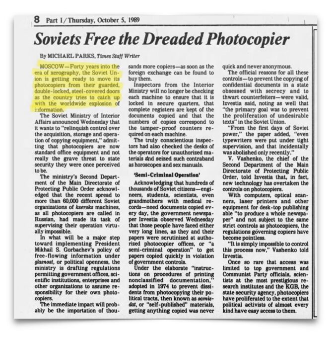 Newspaper titled "Soviet Free the Dreaded Photocopier"