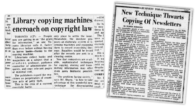Two different newspaper's articles titled "Library copying machines encroach on copyright law", "New technique thwarts copying of newsletters"