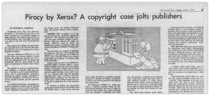 Newspaper titled "Piracy by Xerox? A copyright case jolts publishers" with an illustration showing a men inserting paper into one side of a building and copies of paper coming out from the other side of the building.