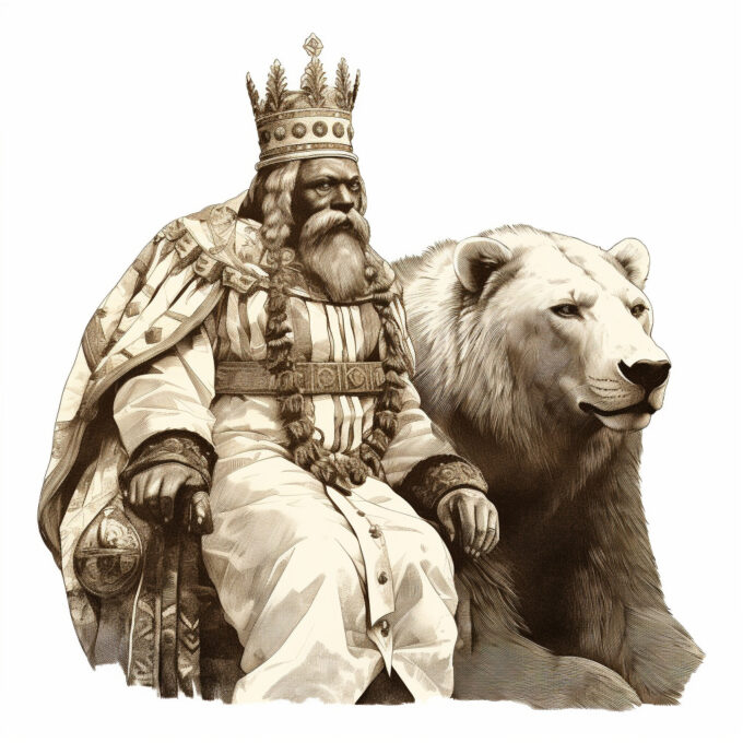 Illustration of a king sitting at a throne next to a big bear
