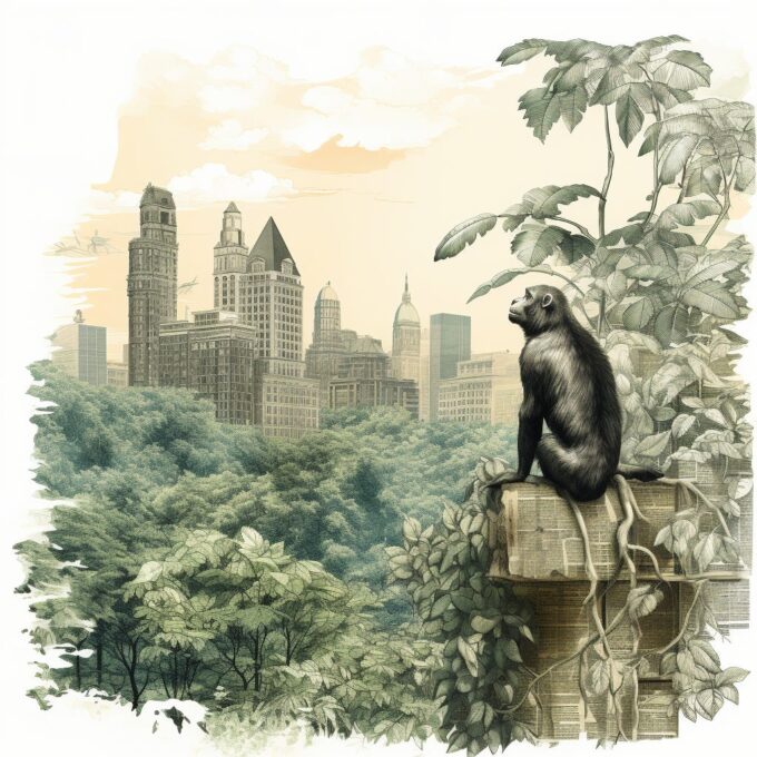 Ape sitting on a column made of newspapers in front of a city's skyline.