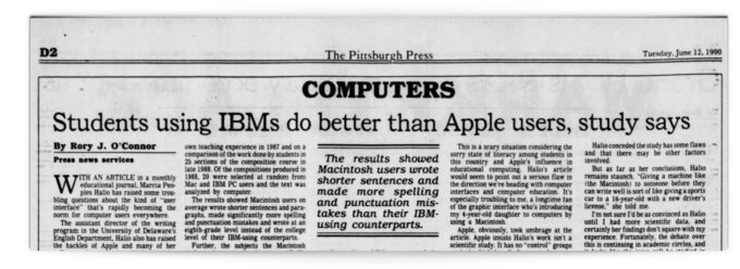 Newspaper from the Pittsburg Press with the title "Students using IBMs do better than Apple users, study says"
