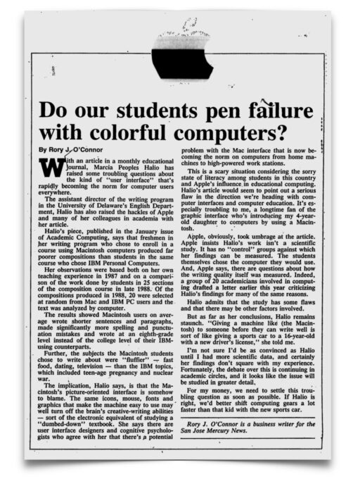 An article from Rory J. O'Connor with the title "Do our students pen failure with colorful computers?"