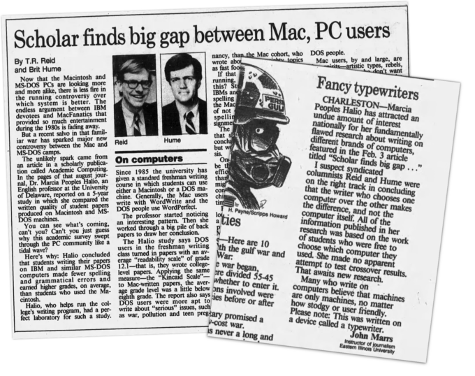 Article by T.R Reid and Brit Hume titled Scholar finds big gap between Mac, PC users", and another paper by John Marrs titled "Fancy Typewriters"