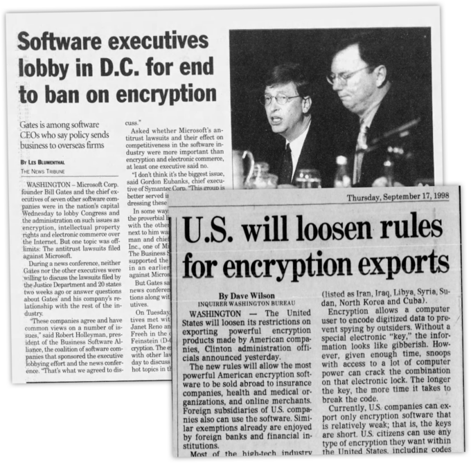 Newsletter titled "Software executives lobby in D.C. for end to ban on encryption"
