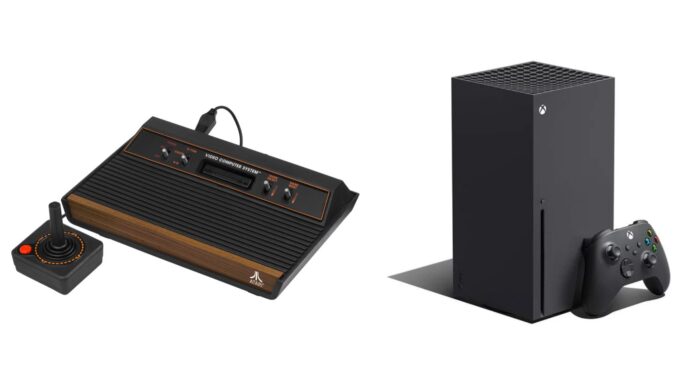 Atari 2600 home video console system next to an Xbox series X