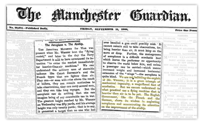Old article from 'The Manchester Guardian' titled 'The Aeroplane and The Airship'