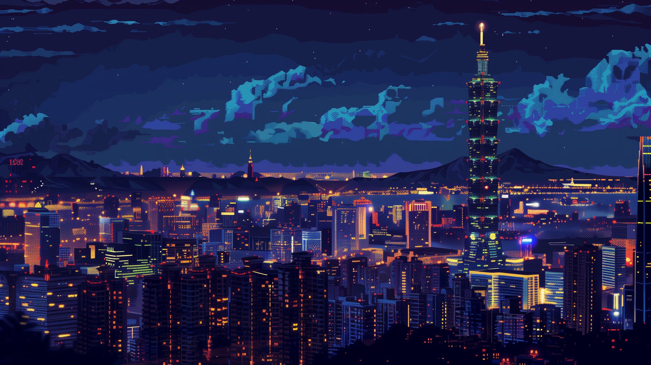 Image of the city of Taipei at night in the 8-bit art style