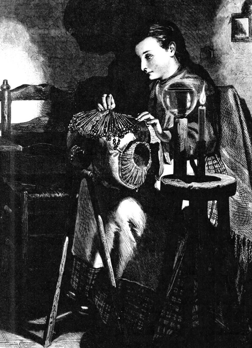 A 19th century woman makes pillow-lace. The only light in the room comes from a single tallow candle surrounded by globes tinted blue to project light around the room.
