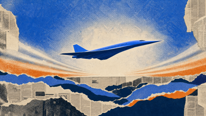 A generic civilian supersonic aircraft crosses a royal-blue torn newspaper horizon as its softened sonic wake fades toward the ground.