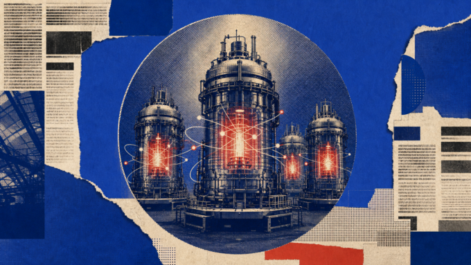 Royal-blue newsprint collage showing four generic experimental reactor vessels reaching controlled criticality in a centered halftone focal window.