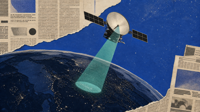 A royal-blue newspaper collage shows a single satellite with a large reflective mirror sending sunlight toward a small illuminated circle on Earth's dark side.
