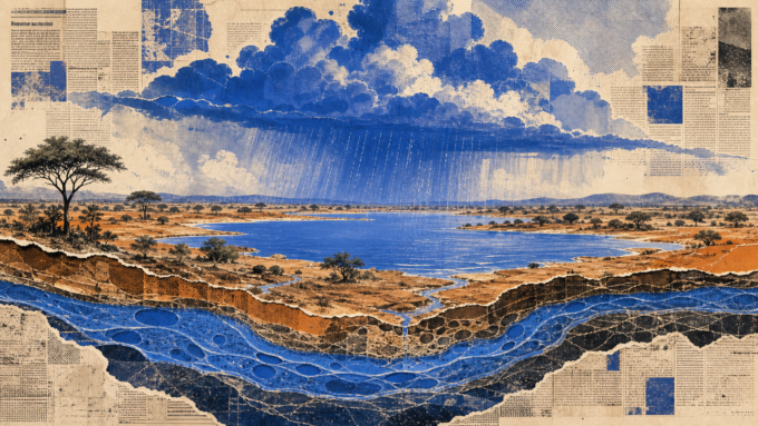 Royal-blue newsprint collage of renewed rain falling over a Sahel landscape, with a broad lake and replenished groundwater visible beneath the earth.