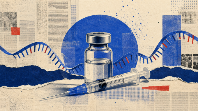 A royal-blue newsprint collage centers on a generic vaccine vial and syringe beside an abstract flowing molecular ribbon, surrounded by warm paper grain and torn editorial textures.