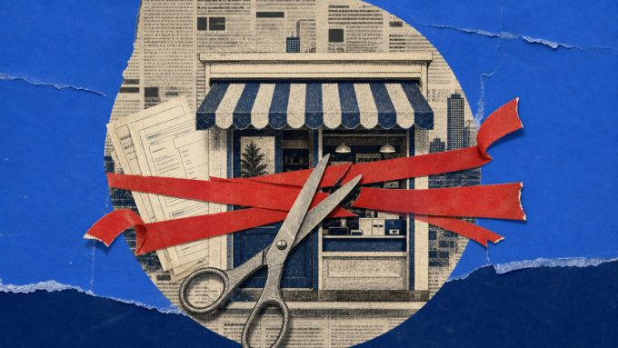 Royal-blue newspaper collage showing scissors cutting red paper bands from a small-business storefront inside a circular halftone window.