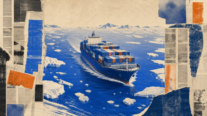 Royal-blue editorial newsprint collage showing a single container ship moving through an Arctic passage between angular ice floes.