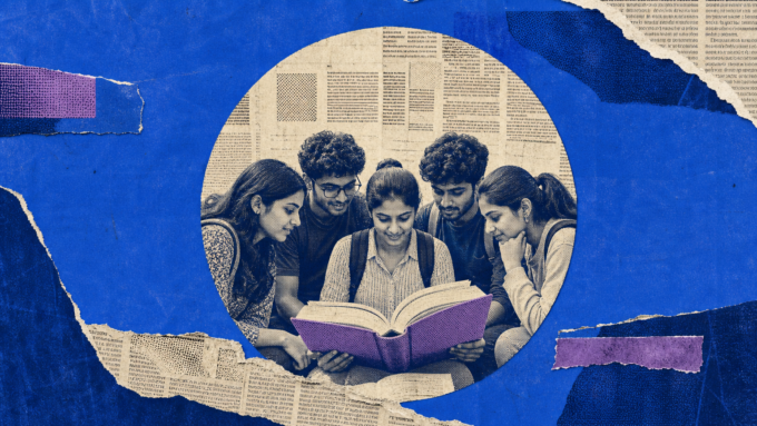 Royal-blue newsprint collage showing anonymous college-age students gathered around an open book inside a circular halftone window.