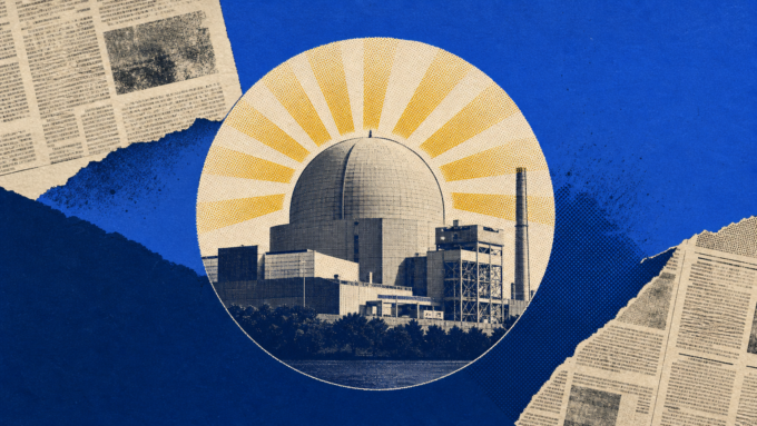 Royal-blue newsprint collage featuring a generic nuclear reactor form inside a circular halftone window, with sunflower-yellow printed accents and abstract newspaper columns.