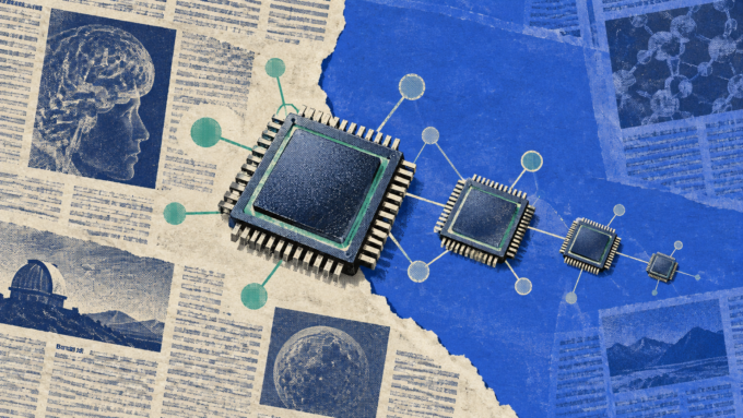 A royal-blue printed-paper collage shows an unbranded processor crossing a diagonal torn-paper seam, surrounded by a sparse network and diminishing compute tiles.