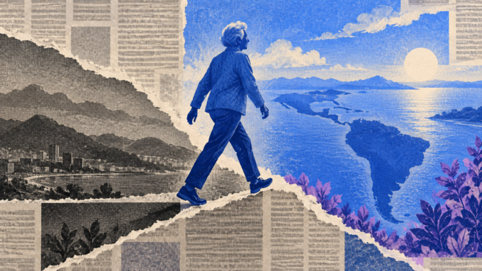 A royal-blue silhouette of an older adult walking across a diagonal torn-paper seam on a textured newspaper-print background.