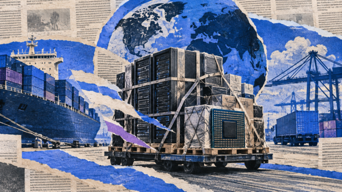 A low-angle paper-collage view of a compact shipment of generic server units and semiconductor components against royal-blue newspaper-print layers.