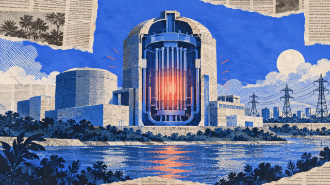A stylized reactor vessel rises from layered royal-blue and off-white newspaper-print paper, with a restrained glow at its contained core.