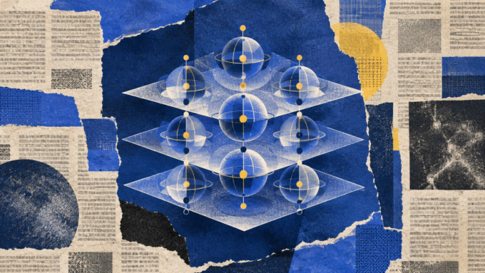 Abstract qubit-like forms held in precise alignment on layered royal-blue and off-white newspaper print.